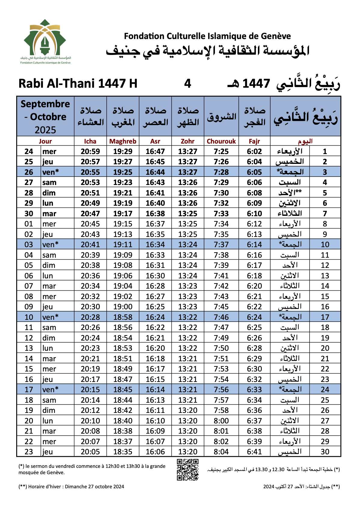 Horaires de prières