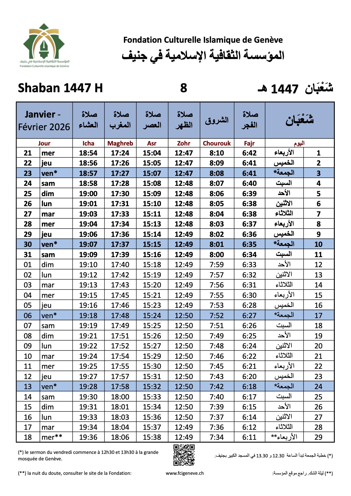 Horaires de prières