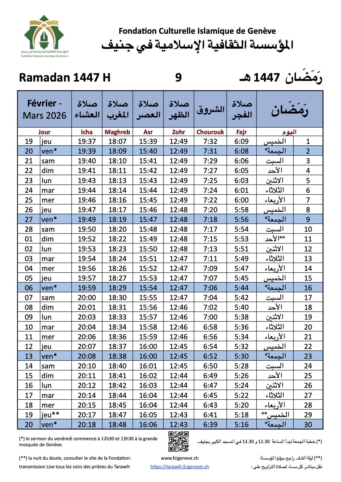 Horaires de prières