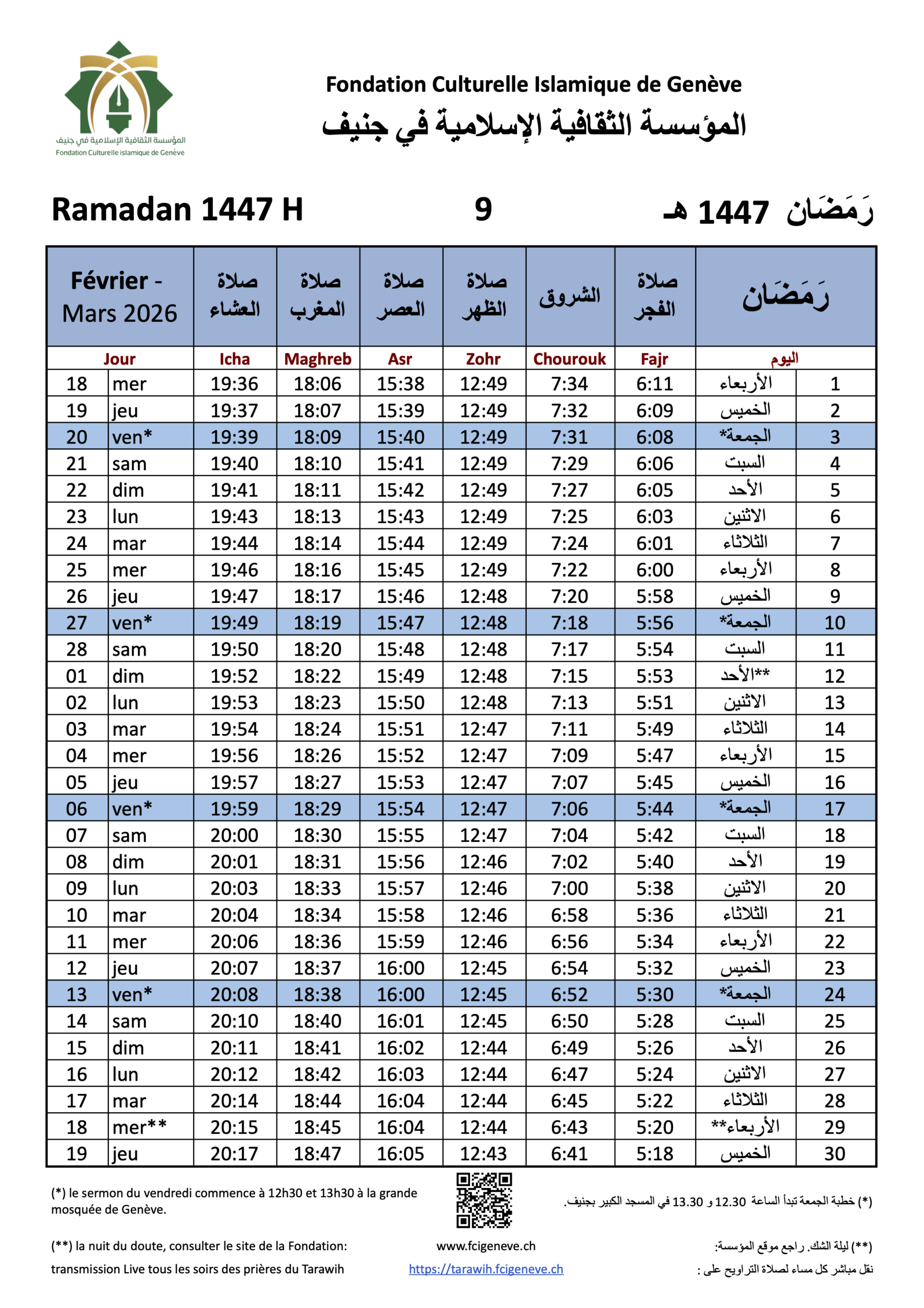 Horaires de prières