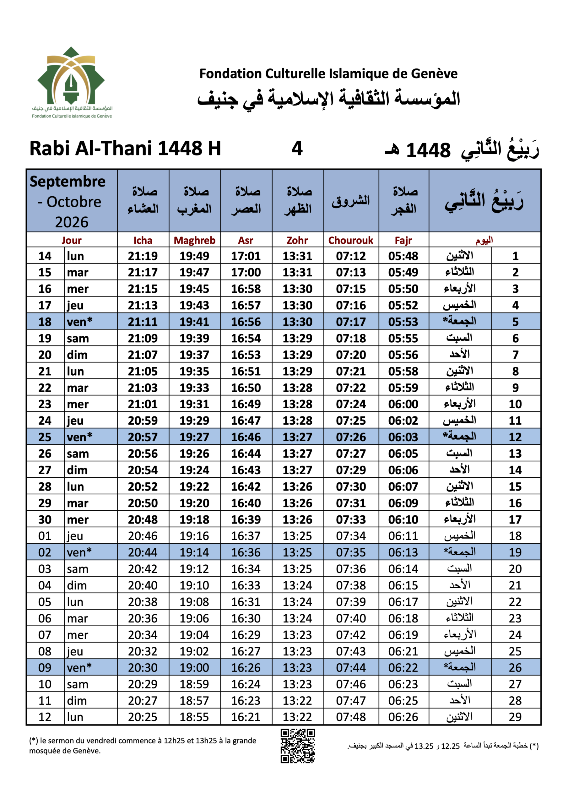Horaires de prières