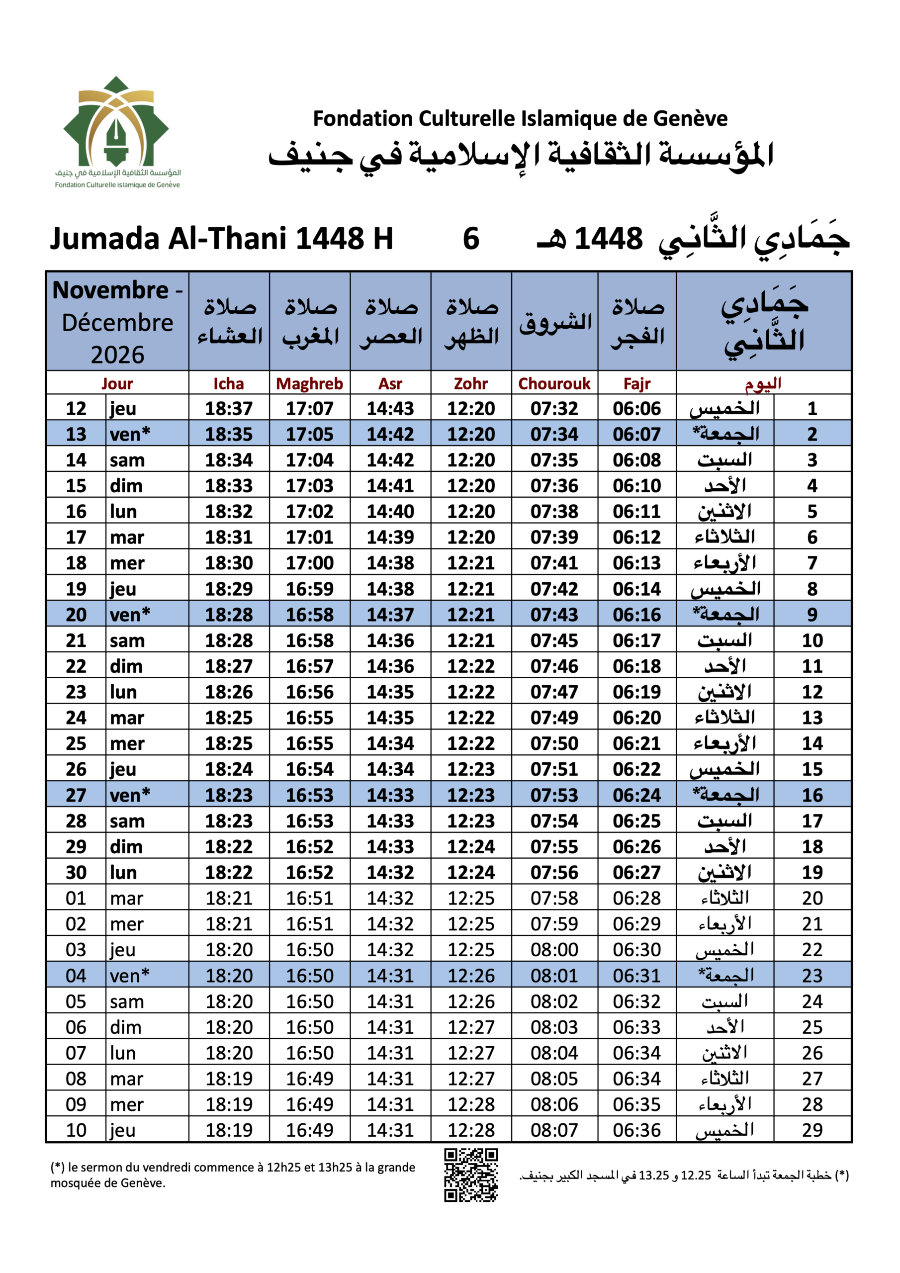 Horaires de prières